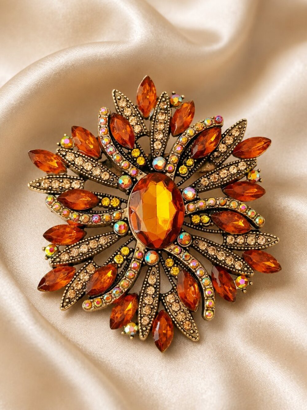 Vintage Amber Crystal Rhinestone Brooch, Antique Gold Tone Statement Pin